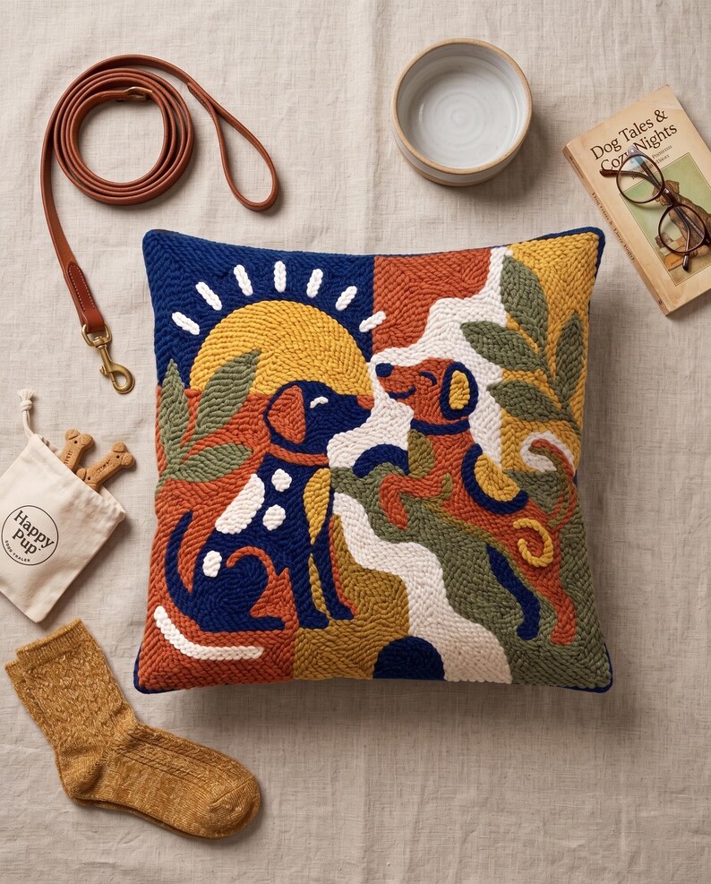 May include: A square punch needle throw pillow featuring a colorful graphic of two dogs, one blue and one brown, set against a yellow sun and green foliage. The design uses textured yarn loops in shades of blue, yellow, orange, green, and white.