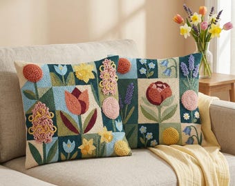 Modern Floral Patchwork Punch Needle Pattern Bundle, Spring Botanical PDF Set, Cottagecore Rose Tulip DIY Decor, Slow Craft Fiber Art
