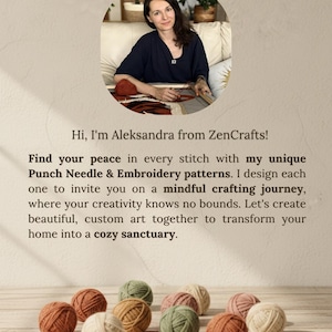 May include: A circular portrait of a person working on a punch needle project, positioned above text that reads: Hi, I'm Aleksandra from ZenCrafts! Find your peace in every stitch with my unique Punch Needle & Embroidery patterns. Below, eleven yarn balls in shades of terracotta, sage green, and cream are arranged on a wooden surface, with the URL zencraftspl.etsy.com at the bottom.