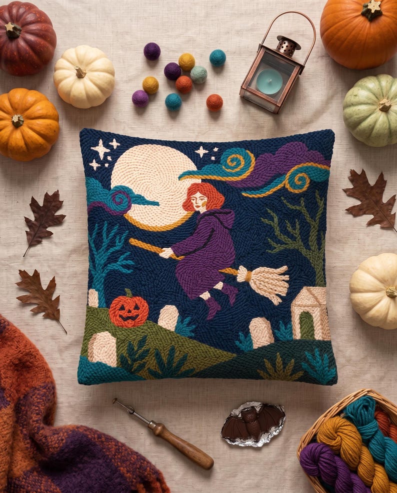 May include: A square punch needle pillow featuring a person with red hair flying on a broomstick against a large yellow moon. The scene includes a dark blue night sky, purple clouds, a jack-o'-lantern, gravestones, and a small house.
