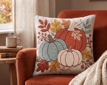 Heirloom Pumpkins Punch Needle Pattern PDF, Rustic Cottagecore Fall Harvest Pillow, Autumn Leaves Linen Embroidery Digital Download