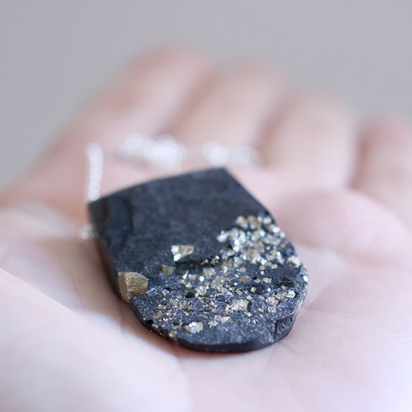 Slate and Pyrite pendant. Black slate, rough Slate, Pyrite crystals, Slate necklace, Pyrite pendant, silver pendant, rough pyrite pendant.