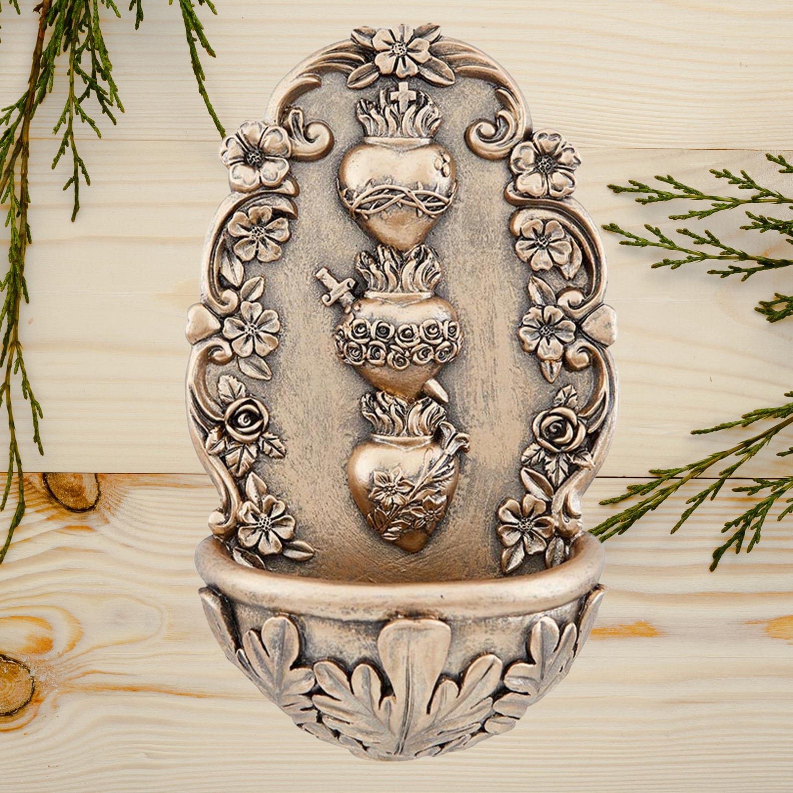 Sacred Hearts Holy Water Font – A Divine and Unique Etsy Find for Your Sacred Space - Perfect piece for your home or gift. 3-3/4 x 6-1/4" H - Bronze
