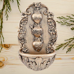 Sacred Hearts Holy Water Font – A Divine and Unique Etsy Find for Your Sacred Space - Perfect piece for your home or gift. 3-3/4 x 6-1/4" H