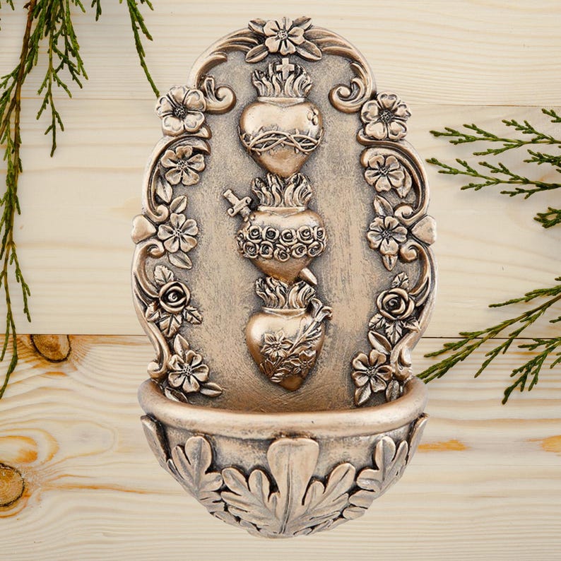 Sacred Hearts Holy Water Font – A Divine and Unique Etsy Find for Your Sacred Space - Perfect piece for your home or gift. 3-3/4 x 6-1/4 H