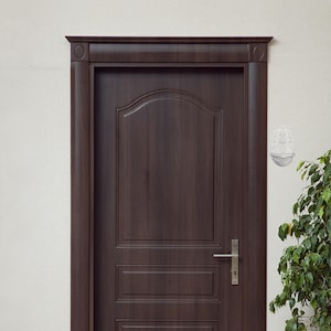 May include: A dark brown wooden door with a decorative frame and a silver handle. The door has a panel design and is set against a white wall. A small, white decorative wall sconce is to the right of the door.