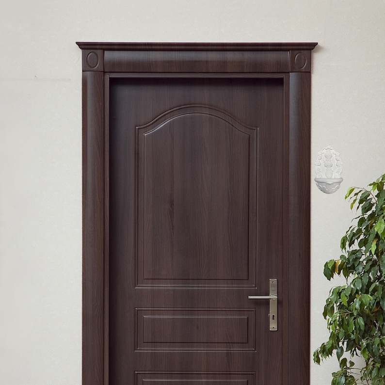 May include: A dark brown wooden door with a decorative frame and a silver handle. The door has a panel design and is set against a white wall. A small, white decorative wall sconce is to the right of the door.