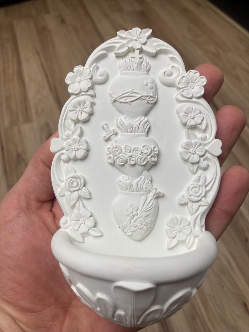 White Holy Water Font | Sacred Hearts Catholic Wall Decor | House Blessing Font image 1