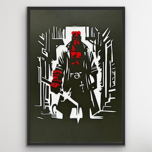 Puede incluir: Lámina artística en blanco y negro enmarcada que representa a un personaje con piel y cuernos rojos, con un abrigo largo y empuñando un arma. La obra de arte tiene un estilo gráfico audaz sobre un fondo oscuro.