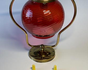 Victorian Antique Hanging Lamp With Swirl Glass Globe, Classic Cranberry, Brass Mid-20th Century Complete Lighting Fixture With All Hardware