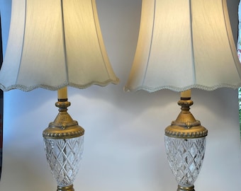 Vintage Heavy Cut Crystal & Brass, 33”, Table Lamps With Double Lined Silk Bell Shades