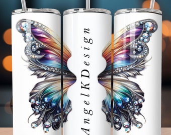 Aggiungi il tuo nome/testo, gioielli personalizzati in bianco e nero a forma di farfalla, design avvolgente per bicchiere da 20 once con stampa a sublimazione dritta, download digitale in formato PNG