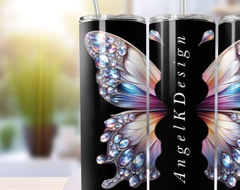 Add Your Own Name / Text, Seamless Black & White Personalize Jewelry Butterfly, 20oz Straight Sublimation Tumbler Wrap Design, Download PNG
