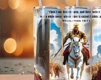 Revelation Bible Verse: "Then I Saw Heaven Open, And There Before Me Was A White Horse, Whose Rider Is Called Faithful And True." Design PNG