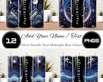 Pacchetto Silver 6, aggiungi il tuo nome/testo, personalizza Midnight Blue Glitter, splendido involucro per tumbler, design per tumbler a sublimazione dritta da 20 once