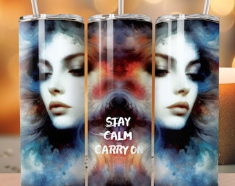 Stay Calm Carry On Tumbler Wrap da 20 once, Ritratto di donna PNG (download digitale)