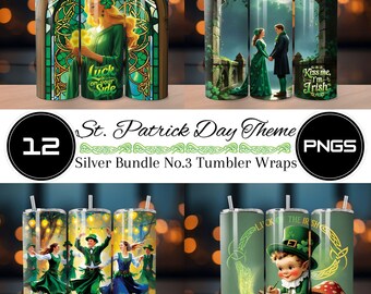Pacchetto 3 Silver, tema San Patrizio, con splendida scena, pacchetto mini Silver, 12 PNG, involucro per tumbler a sublimazione dritta da 20 oz PNG