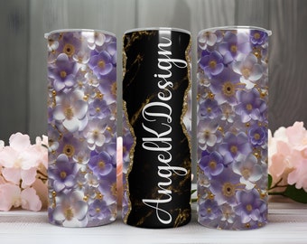 Floral Tumbler Wrap, Purple White Flowers, Add Your Name (Digital Download)