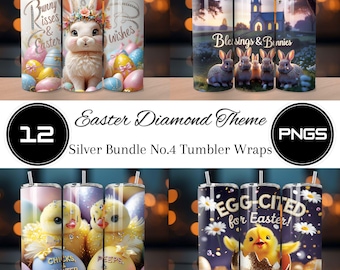 Pacchetto Silver 4, tema Pasqua diamante, con bella scena, pacchetto Silver Mini, 12 PNG, involucro per tumbler a sublimazione dritta da 20 once PNG