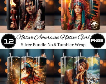 Pacchetto argento 8 ragazza nativa americana, bellissimo involucro per tumbler, ragazza nativa, mini BUNDLE, design per tumbler a sublimazione dritta da 20 once