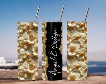 Gold Pearl Flowers Tumbler Wrap, Add Your Own Text PNG (Digital Download)