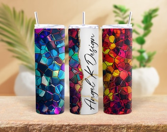 Involucro per bicchiere con motivo a mosaico colorato, design a sublimazione per bicchiere vibrante personalizzato da 20 oz, download digitale istantaneo PNG
