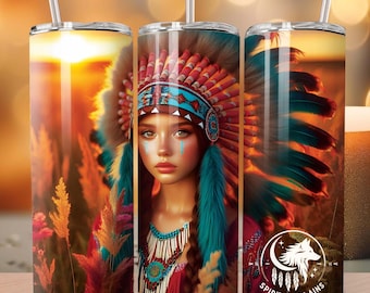 Ragazza nativa americana nativa: spirito della pianura; design 20oz tumbler avvolgente per sublimazione dritto design unico download digitale PNG