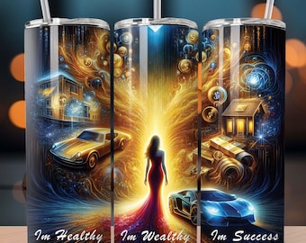 Sono sano, sono ricco, sono di successo, citazione motivazionale, design, 20oz, tumbler con stampa a sublimazione dritta, design unico, download digitale PNG