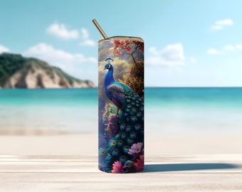 Peacock Tumbler Sublimation Design, Flowers and Waterfall, 20oz Skinny Tumbler (Digital Download)
