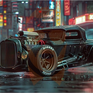 May include: A black hot rod car with a chrome engine and custom wheels, parked on a wet street in a city setting.