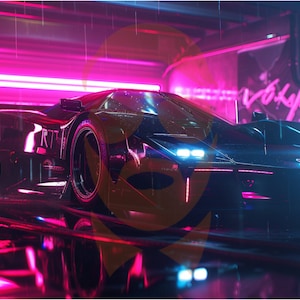 May include: A black sports car with blue headlights parked in a garage with pink neon lights and a wet floor.