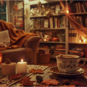 May include: A lit jack-o'-lantern sits on a table with two candles and autumn leaves. A cup of tea and a saucer are on the table. A bookshelf with books and decorations is in the background.