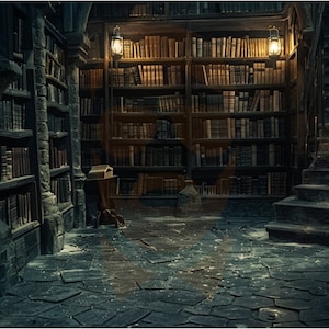 Pode incluir: Uma biblioteca fracamente iluminada com prateleiras altas cheias de livros. As prateleiras são de madeira escura e os livros são principalmente encadernados em couro. Há uma escada de pedra no fundo e uma mesa pequena com uma lâmpada em primeiro plano.