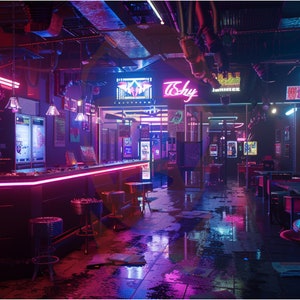 May include: A dimly lit bar with neon signs, a bar counter, and tables and chairs. The bar is decorated with neon lights, including a sign that says "T-Sky" and another sign that says "The Grand Hotel".