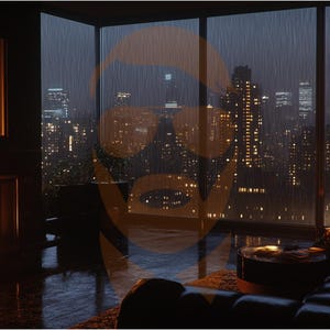 May include: A dark living room with a fireplace and a large window overlooking a city skyline. The window is covered in rain and the city lights are reflected in the glass. A leather couch is in the foreground.