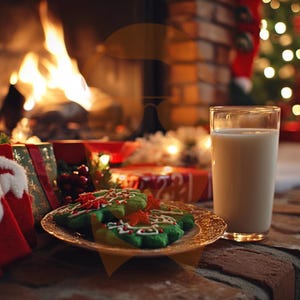 May include: A cozy Christmas scene with a fireplace, a decorated Christmas tree, and a glass of milk with cookies on a plate.