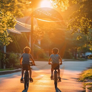 Puede incluir: Dos niños montan en bicicleta por una calle residencial al atardecer. El sol brilla intensamente detrás de ellos, proyectando largas sombras en el pavimento.