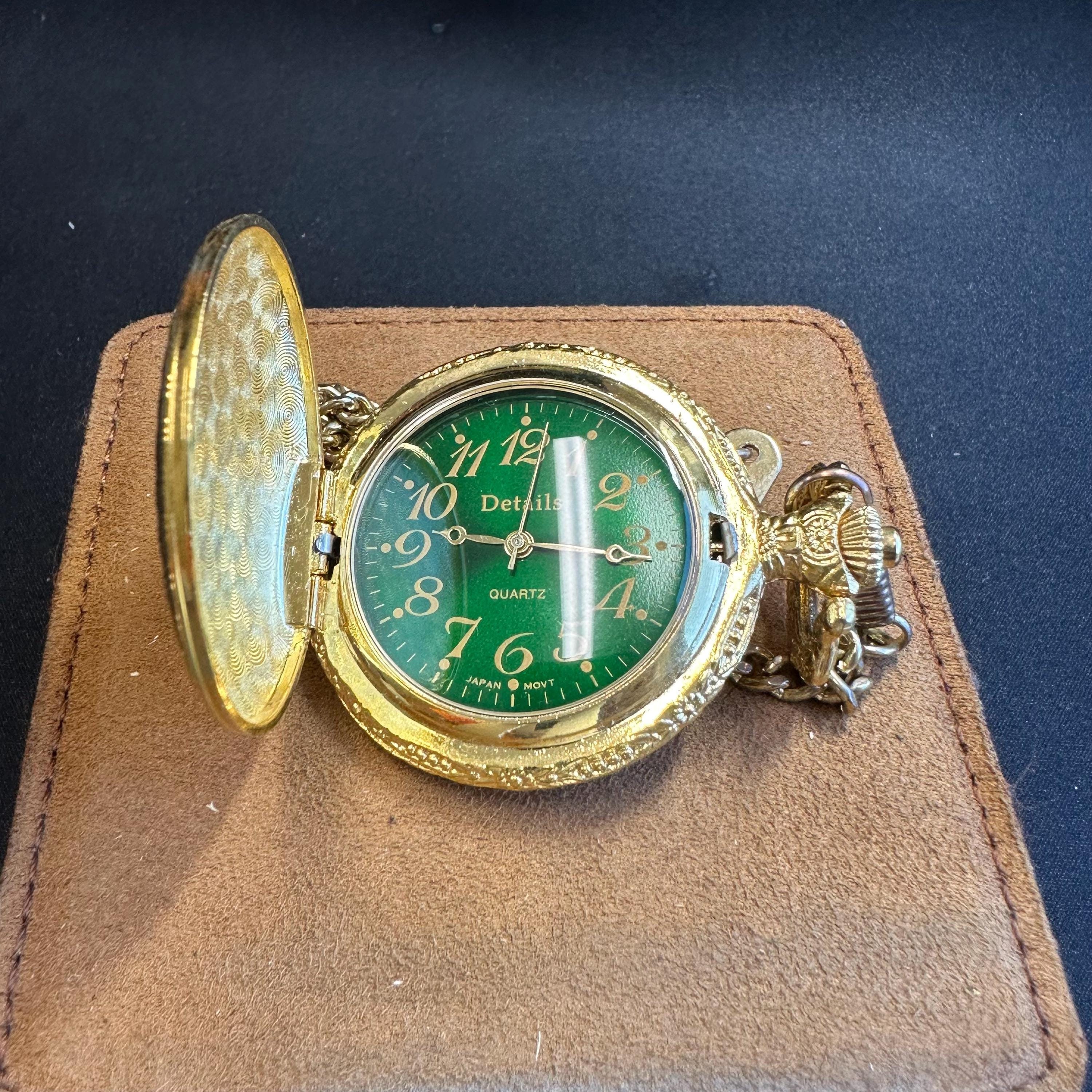 Details Japan Quartz Gold Tone Green Face Pocket Watch Etsy Israel