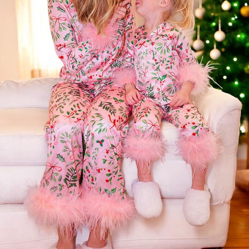 Mother Daughter Matching Christmas Pajamas | Silk Pjs Set | Christmas Pajamas Gifts | Xmas Gifts | Feathers Pajama | Silk Pajama Set