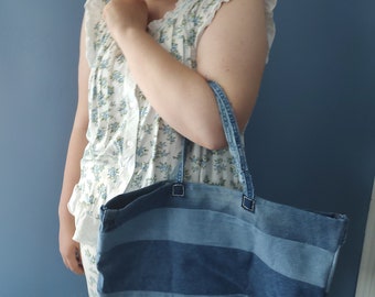 Bolso tote de mezclilla reconstruido hecho a mano gigante