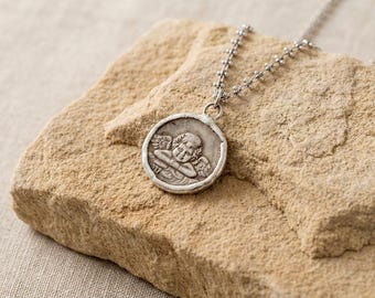 Collar con moneda de querubín / Collar con medallón de ángel soldado a mano, colgante de estilo vintage, regalo para ella.