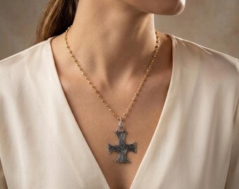 Textured Sterling Silver Cross Necklace | Handmade Silver Cross Pendant Dainty Faith Jewelry Gift for Her