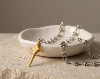 Antique Gold and Silver Cross Necklace | Handmade Gold Cross Pendant Dainty Faith Jewelry Gift for Her