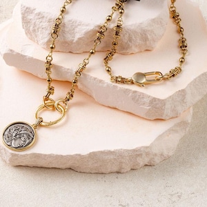 Unique Handmade Vintage Brass Fancy Bead Chain Necklace with Greek Goddess Coin Charm and Lobster Clasp