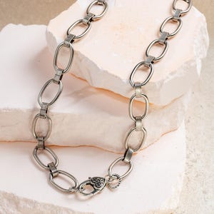 Unique Handmade Statement Necklace- Antique Silver Link Chain with a decorative heart lobster clasp