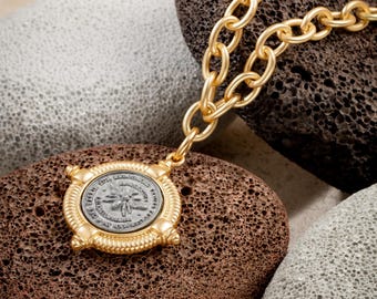 Handmade Matte Gold French Bee Coin Necklace, Unique gift for her
