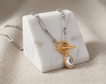 Metall Knebel Halskette mit Kristall Anhänger | Gold & Silber Layering Kette | Moderne Statement Halskette, Geschenk für Sie