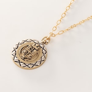 French Crown Lion Coin Medallion Pendant with Matte Gold Chain Necklace, coin, vintage coin