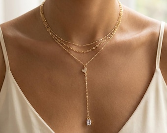 Collar tipo lariat en forma de Y, hecho a mano, chapado en oro, con delicado colgante en forma de corazón y gota de cristal. Joyería minimalista en capas, regalo para ella.