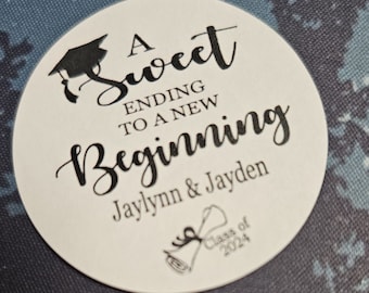 A Sweet Ending to a New Beginning (2" and 2.5" Stickers) Personalized Graduation class of Favor Sticker